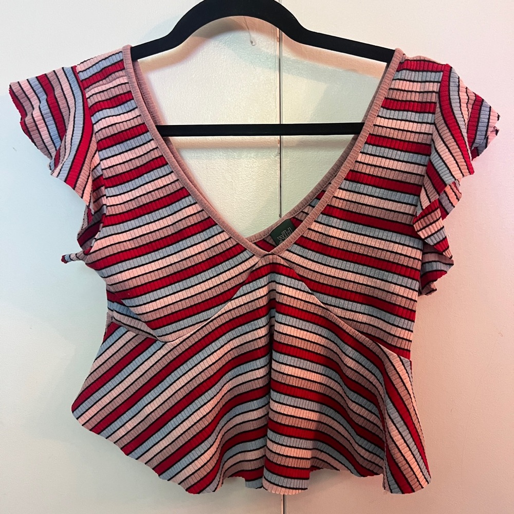 Wild Fable Red and Black Striped Ruffle Sleeve Blouse